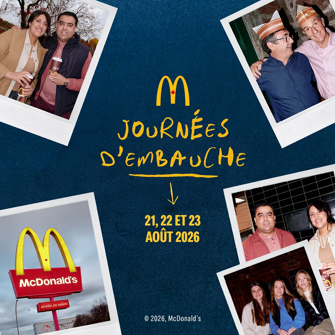 Un collage d’images regroupant des photos Polaroid de deux amis qui posent devant un restaurant McDonald’s.
